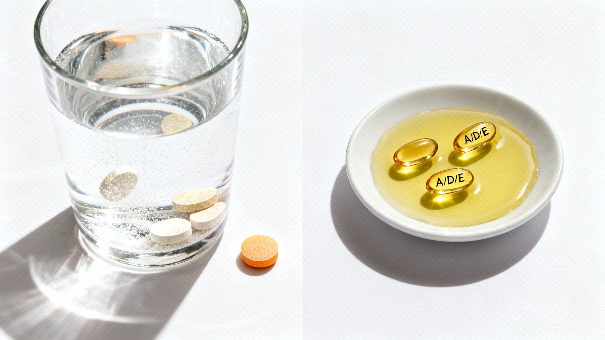 Vitamins dissolving in water and A/D/E softgels in oil on a white background.