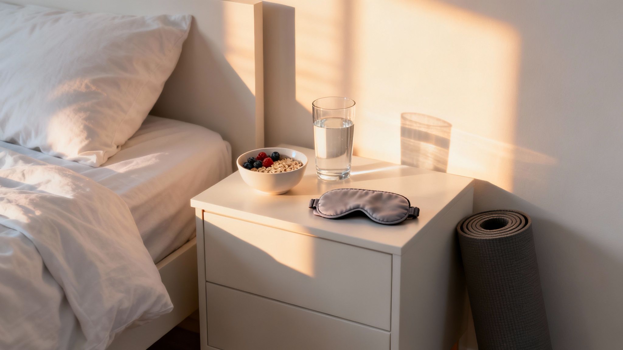 Sunrise illuminates a bedside table with breakfast, water, a sleep mask, and a yoga mat.