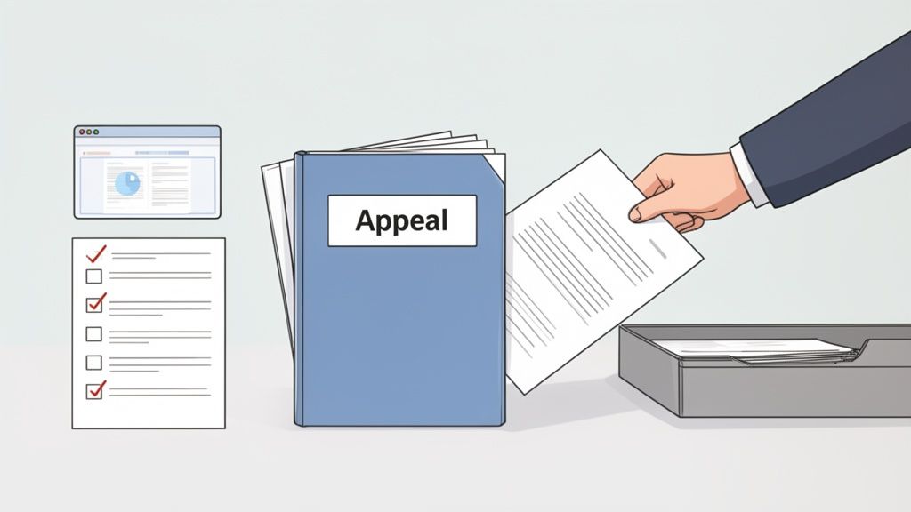 Illustration depicting a legal appeal process, showing a folder, checklist, and documents being handled.
