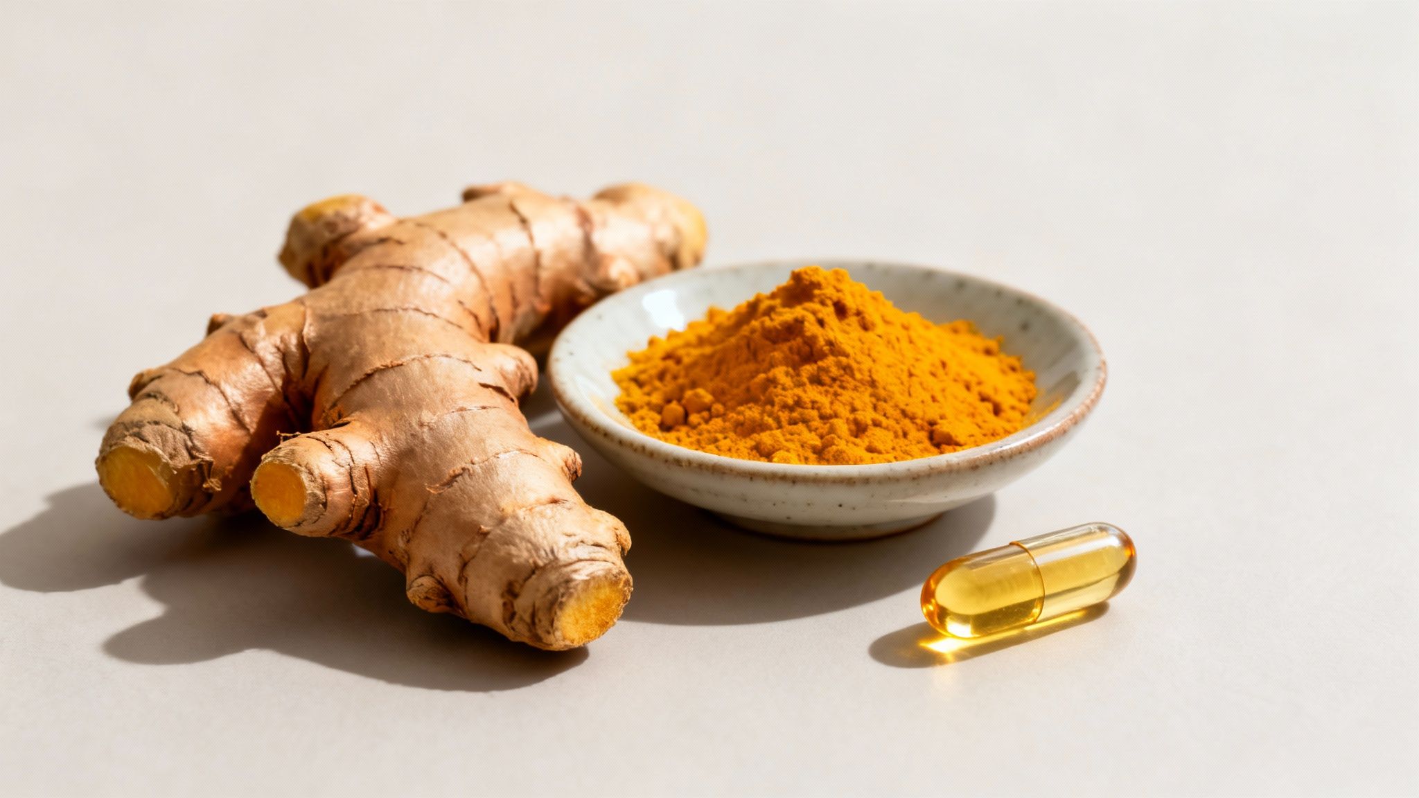 Raw turmeric root, bright yellow turmeric powder in a bowl, and a clear curcumin supplement capsule on a light background.