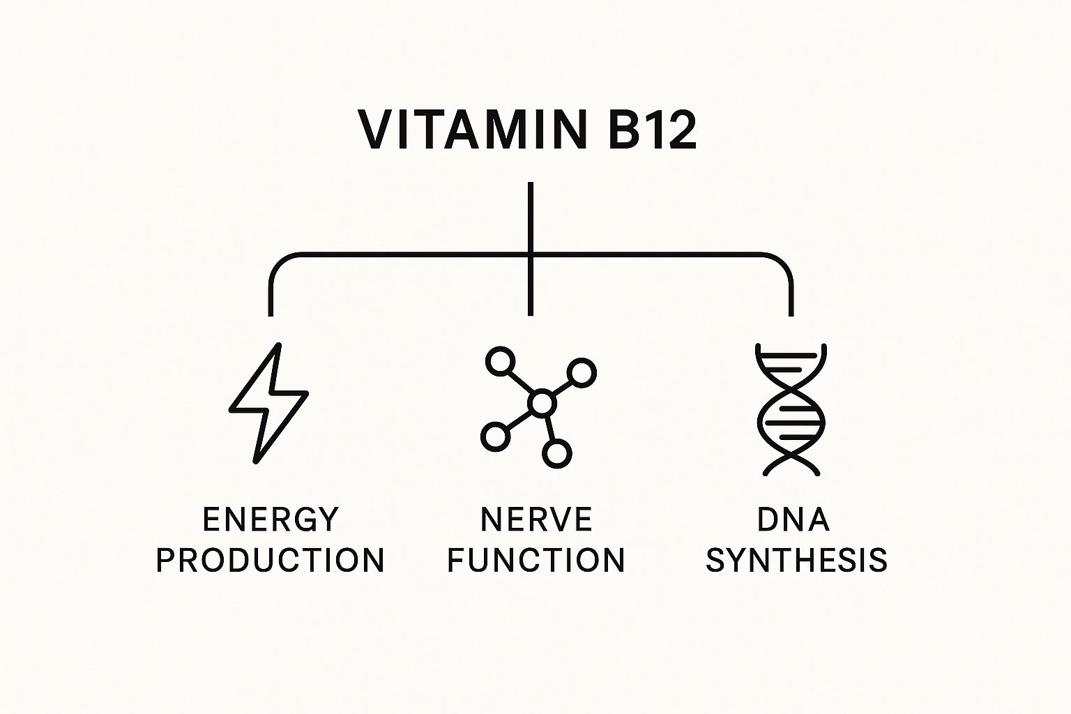 Infographic showing Vitamin B12's core functions in energy production, nerve function, and DNA synthesis