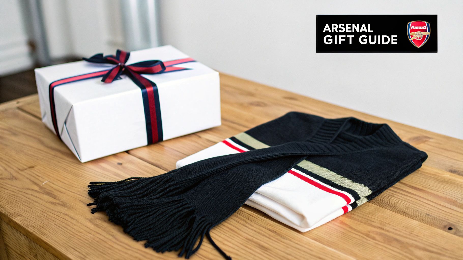 A white gift box with ribbon and an Arsenal-themed sweater and scarf on a wooden table.