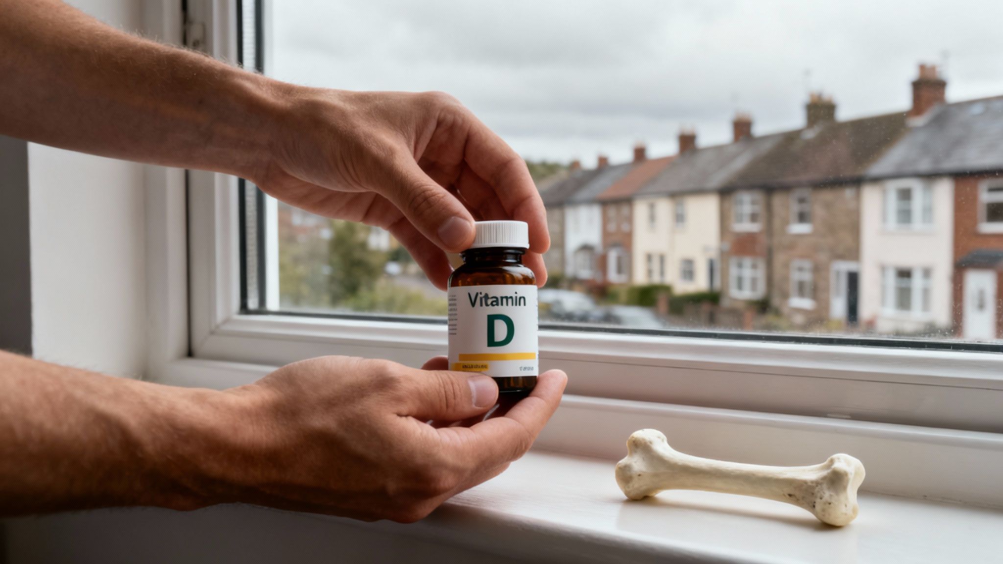 Vitamin D supplements being held up to a bright window