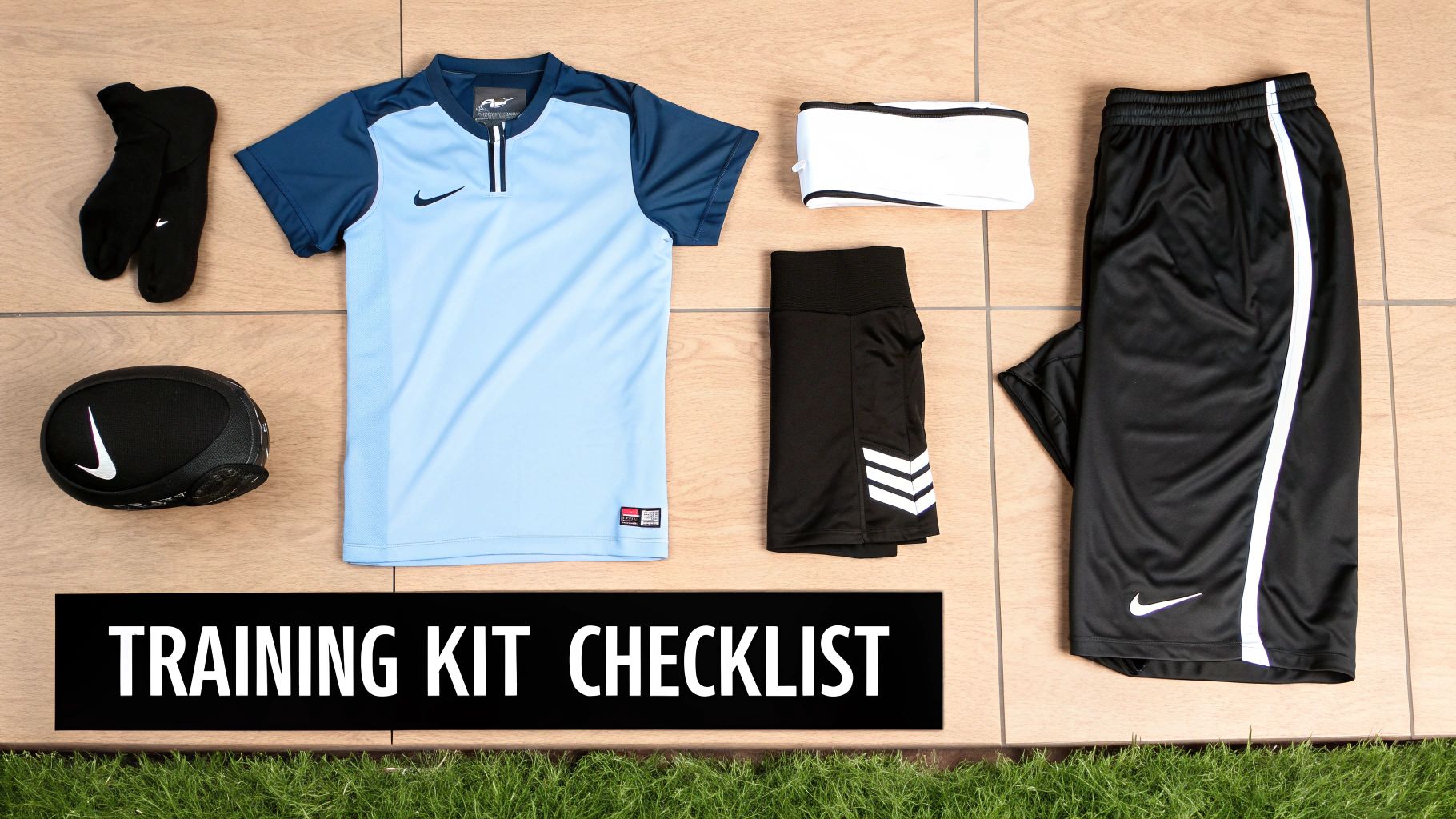 A young boy in football training clothes tying his shoelace on a pitch.