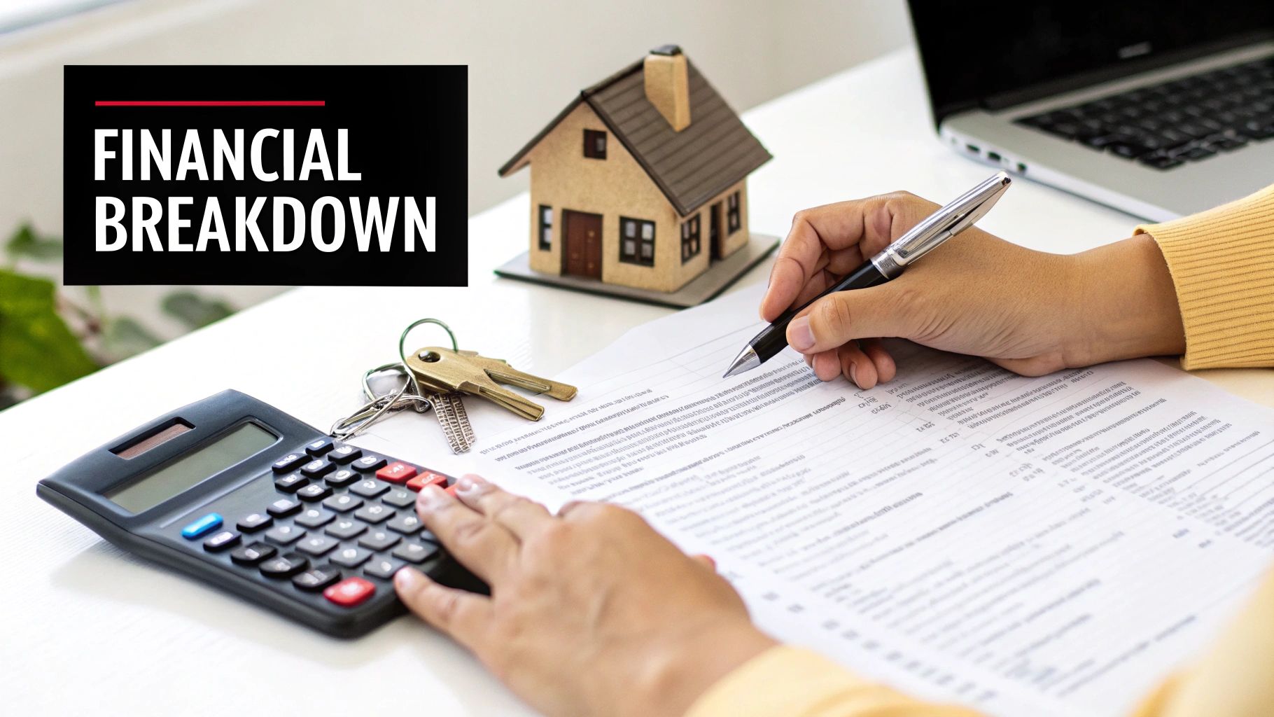Hands on a calculator and signing documents for a house, with keys and a miniature home model, signifying a financial breakdown.