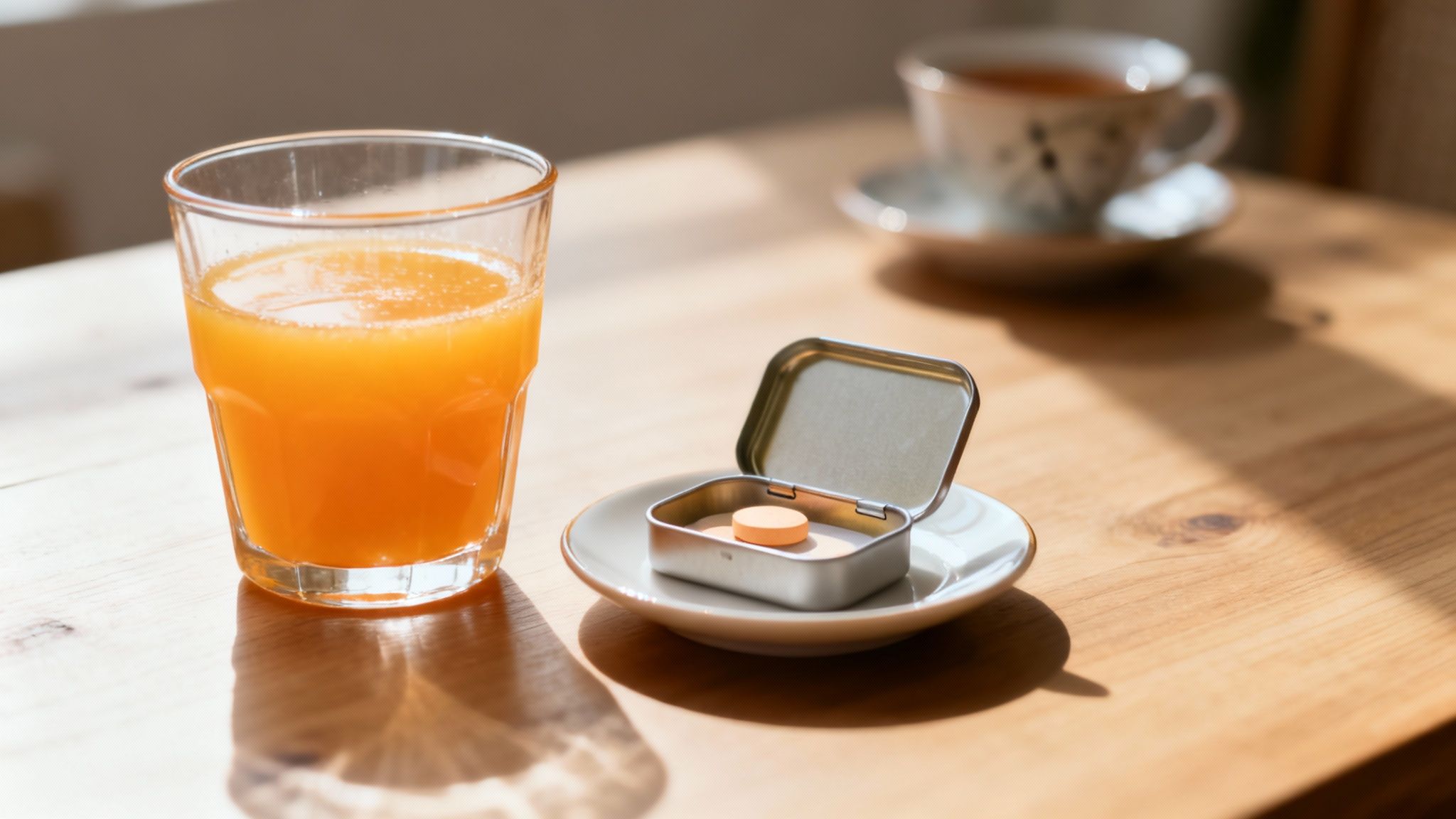 A glass of orange juice next to a bowl of berries and a supplement bottle.