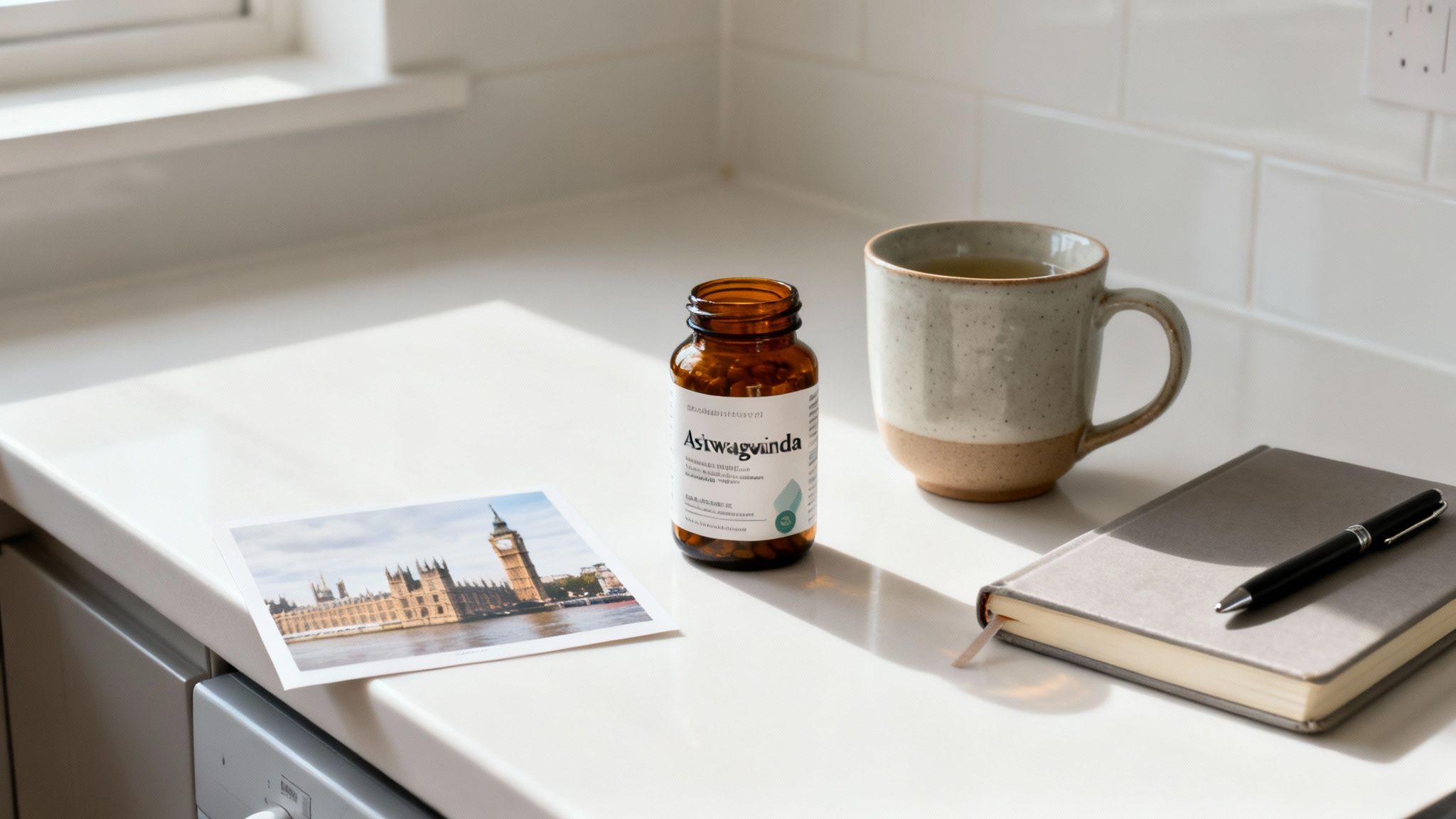 Ashwagandha supplement bottle, a warm tea mug, notebook, pen, and London postcard on a bright kitchen counter.