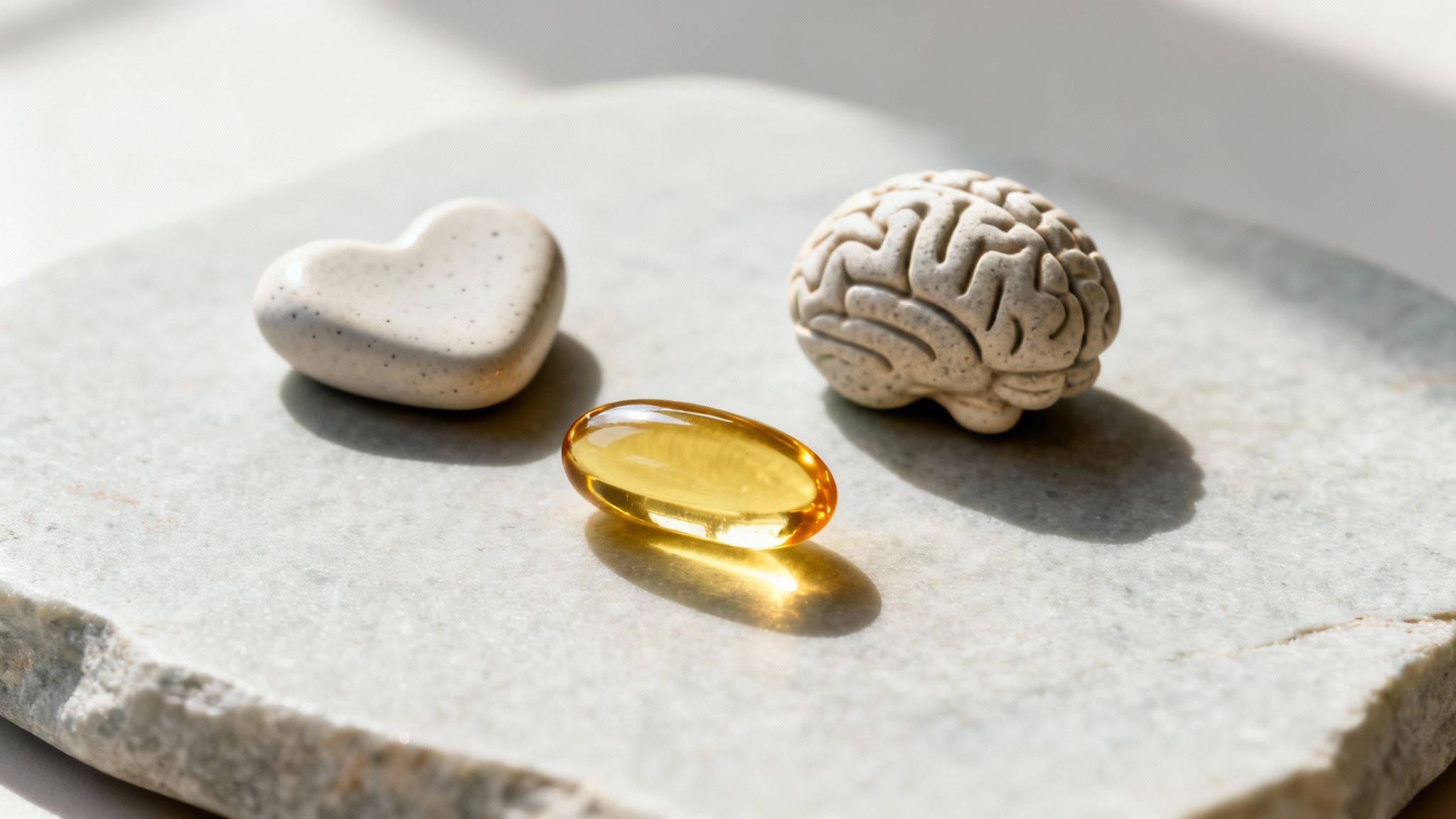 A miniature brain model, a heart-shaped stone, and a yellow omega-3 capsule on a marble surface.