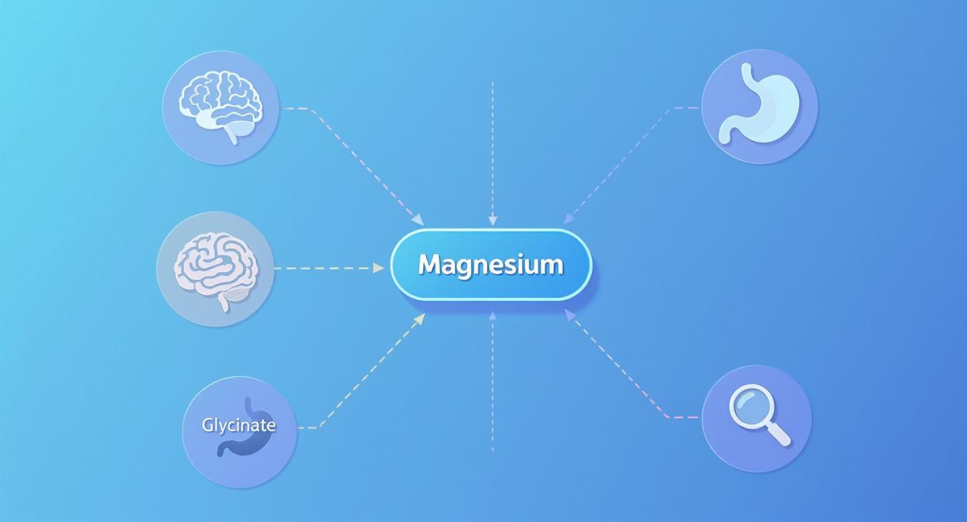 Diagram showing 'Magnesium' in the center connected to icons of two brains, a stomach, a magnifying glass, and 'Glycinate', illustrating its forms and benefits.