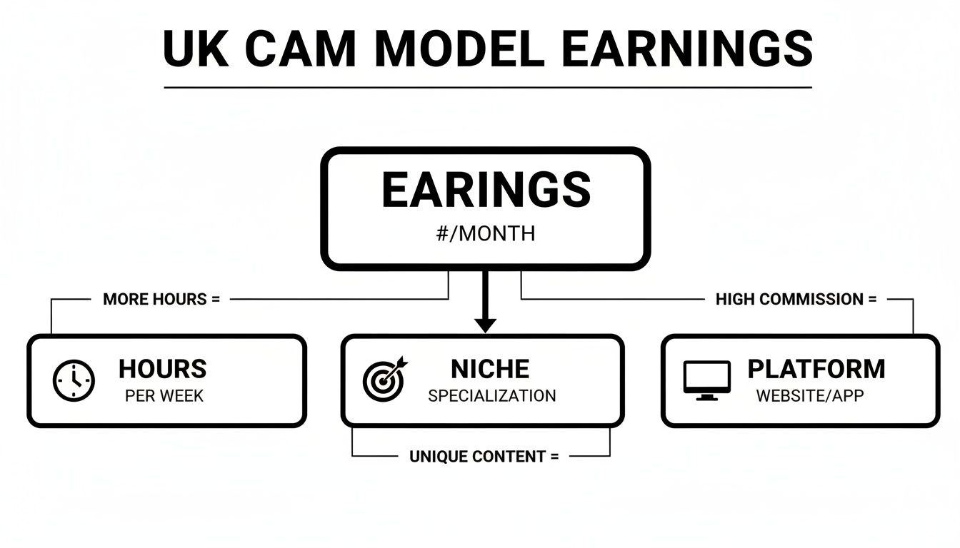 Flowchart illustrating factors that influence UK cam model earnings per month: hours, niche, and platform.