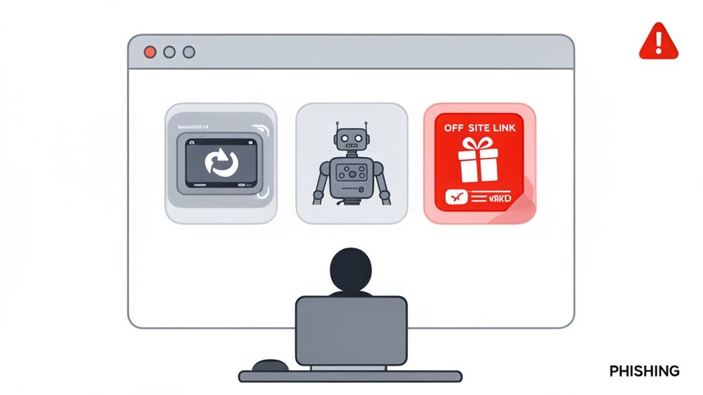 Digital illustration of a user facing a phishing scam, represented by a suspicious 'OFF SITE LINK' on a browser.