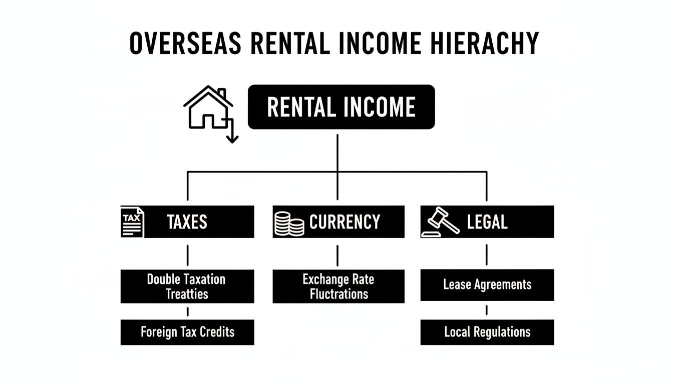 Diagram showing overseas rental income hierarchy, detailing taxes, currency, and legal considerations.