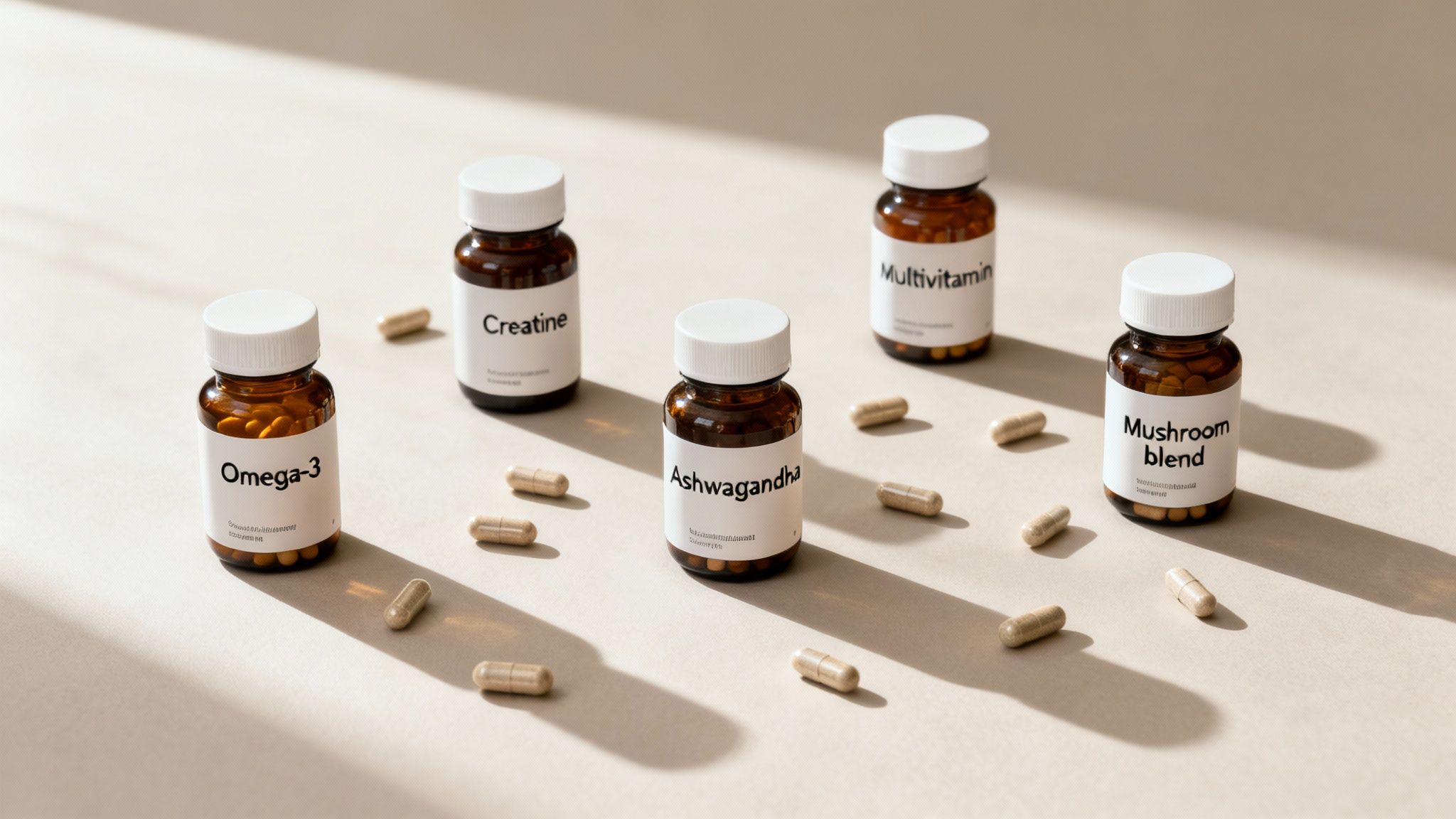 A collection of supplements in bottles and capsules