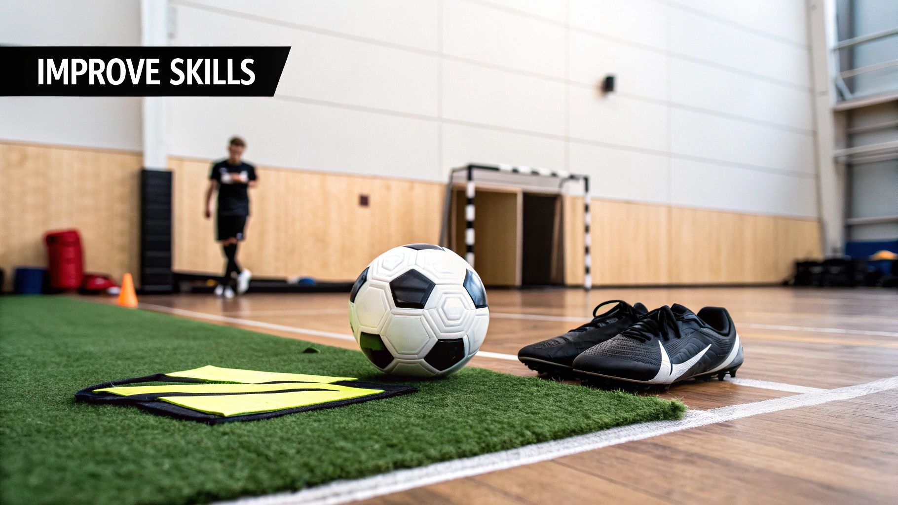 A football, cleats, and training equipment on an indoor pitch, with a player in the background, emphasizing skill improvement.