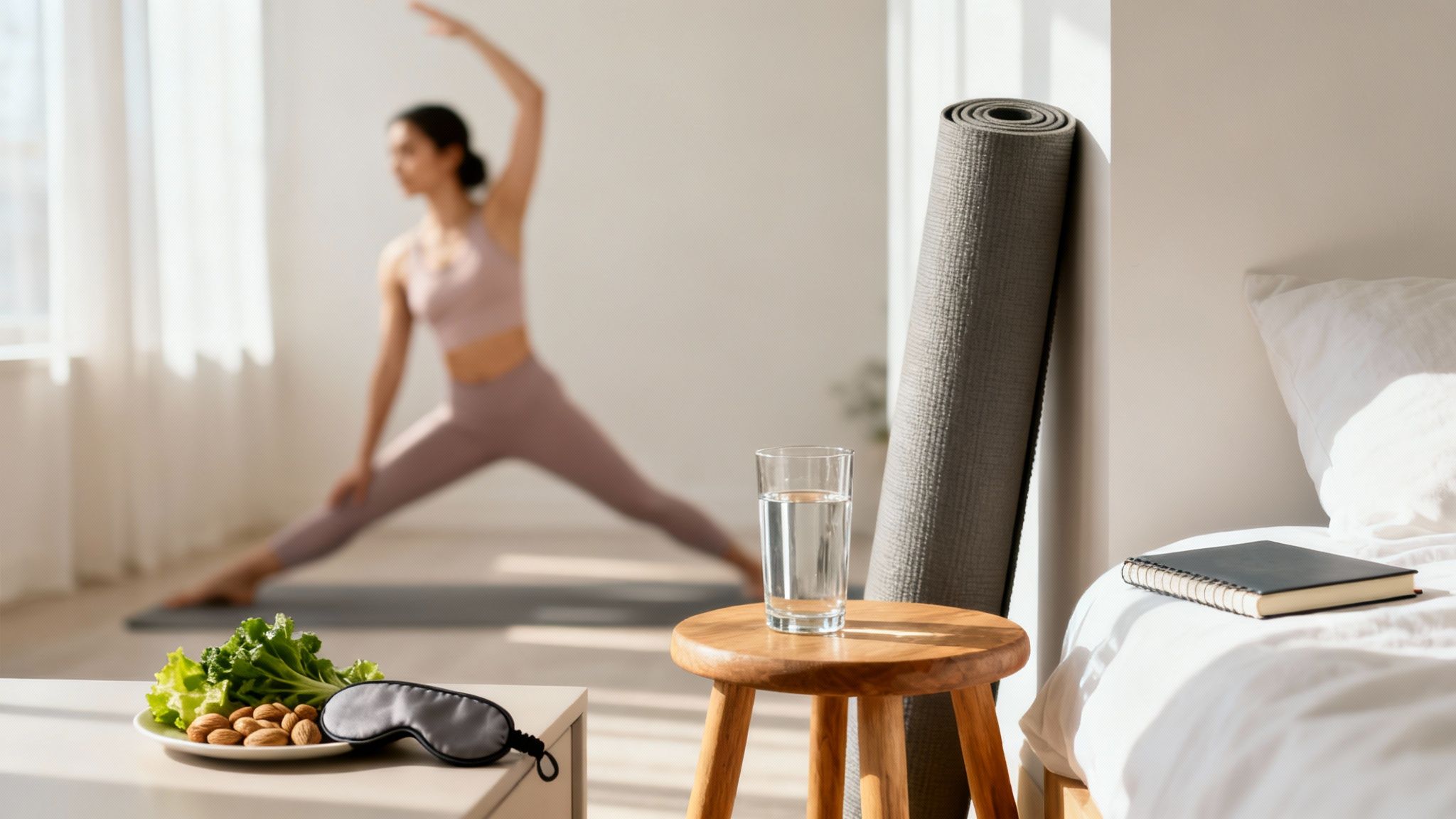 A woman doing yoga in a bright room, with a yoga mat, water, healthy snacks, and a sleep mask nearby.