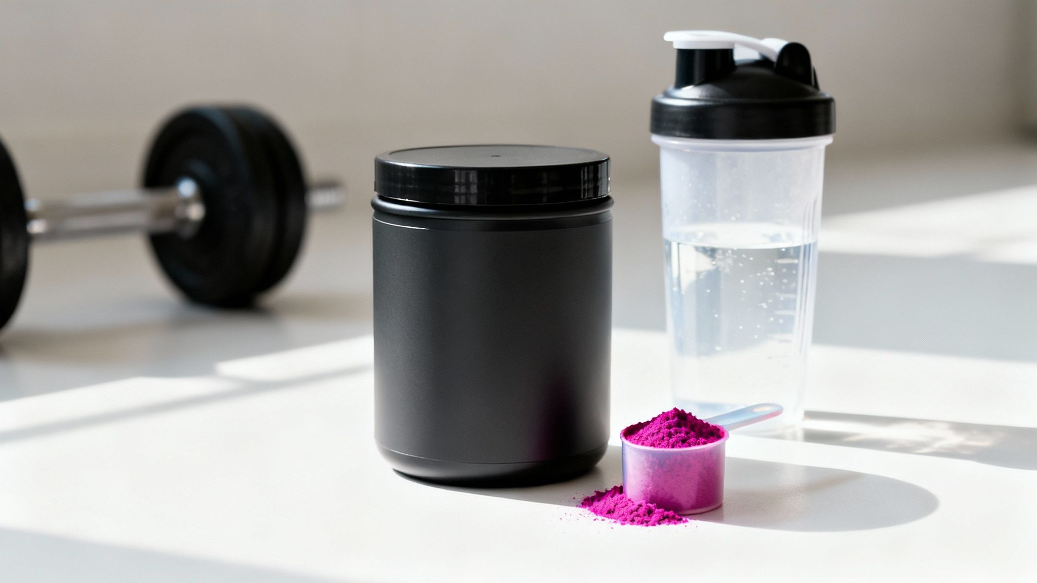 A man in athletic wear mixing a powdered supplement into a shaker bottle.