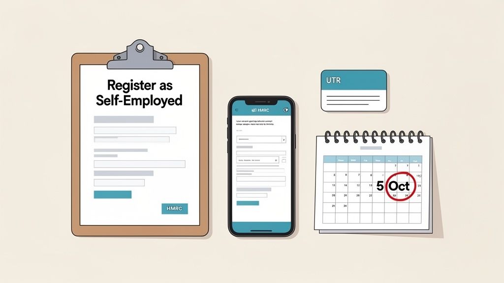 Illustration of self-employment registration process with HMRC forms, app, UTR, and October 5 deadline.