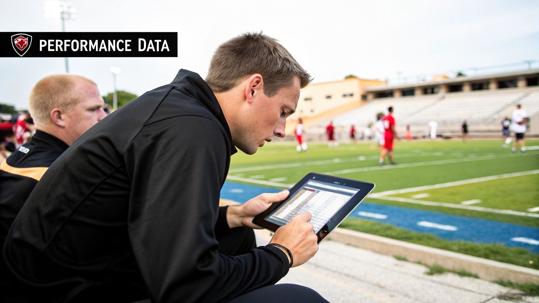 A football player looking at data on a tablet.