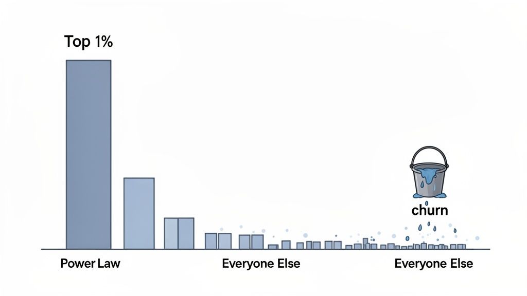 Bar chart showing a power law distribution: a tall 'Top 1%' bar, diminishing 'Everyone Else' bars, and a 'churn' bucket.