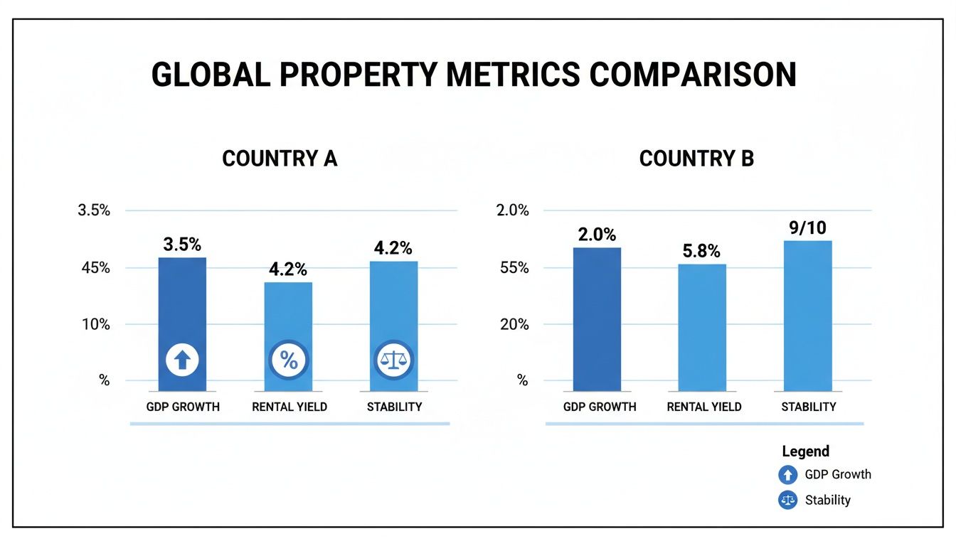 Bar chart comparing global property metrics like GDP growth, rental yield, and stability for two countries.