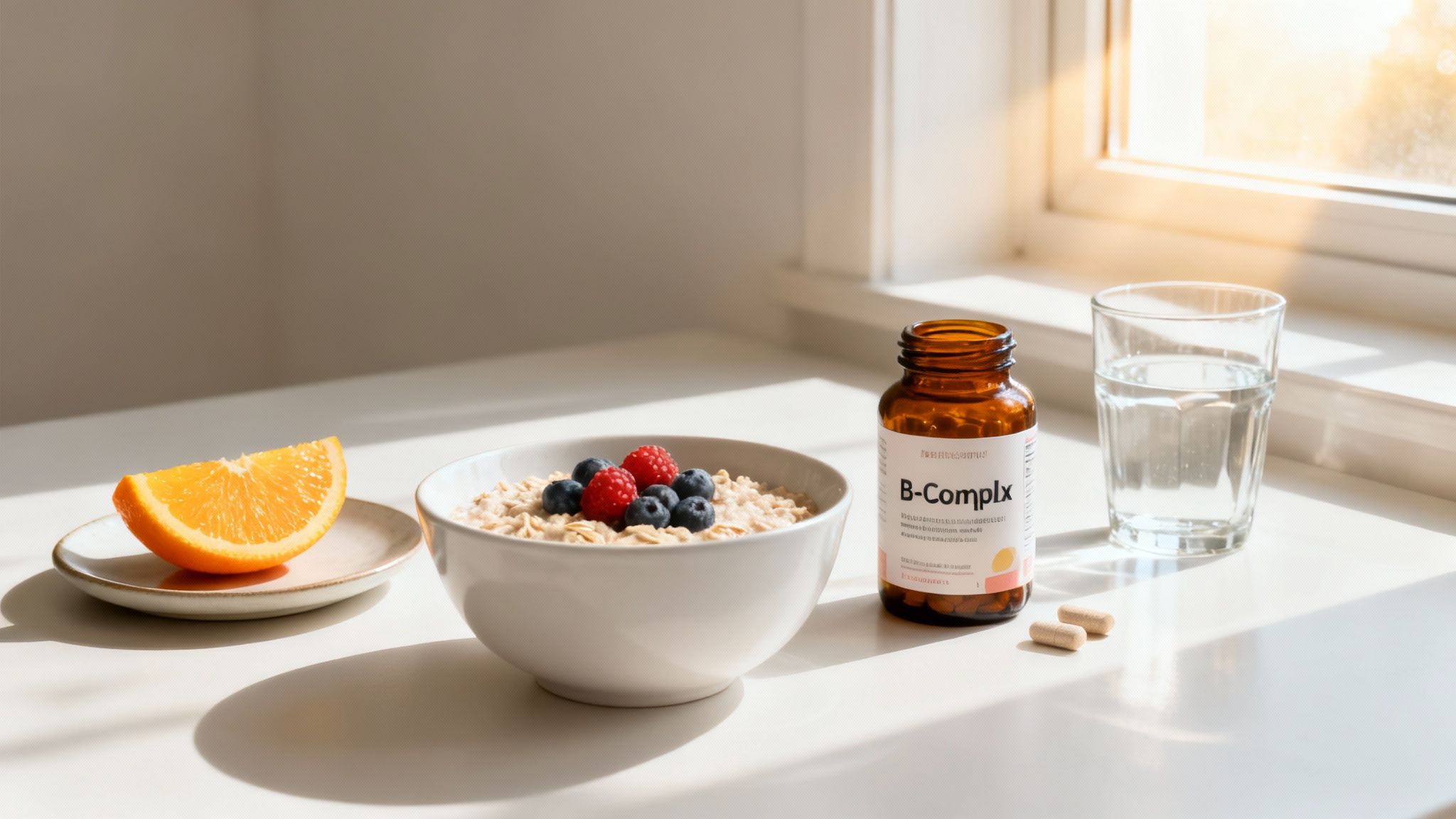A balanced breakfast featuring oatmeal with berries, an orange slice, B-Complex vitamins, and water by a window.