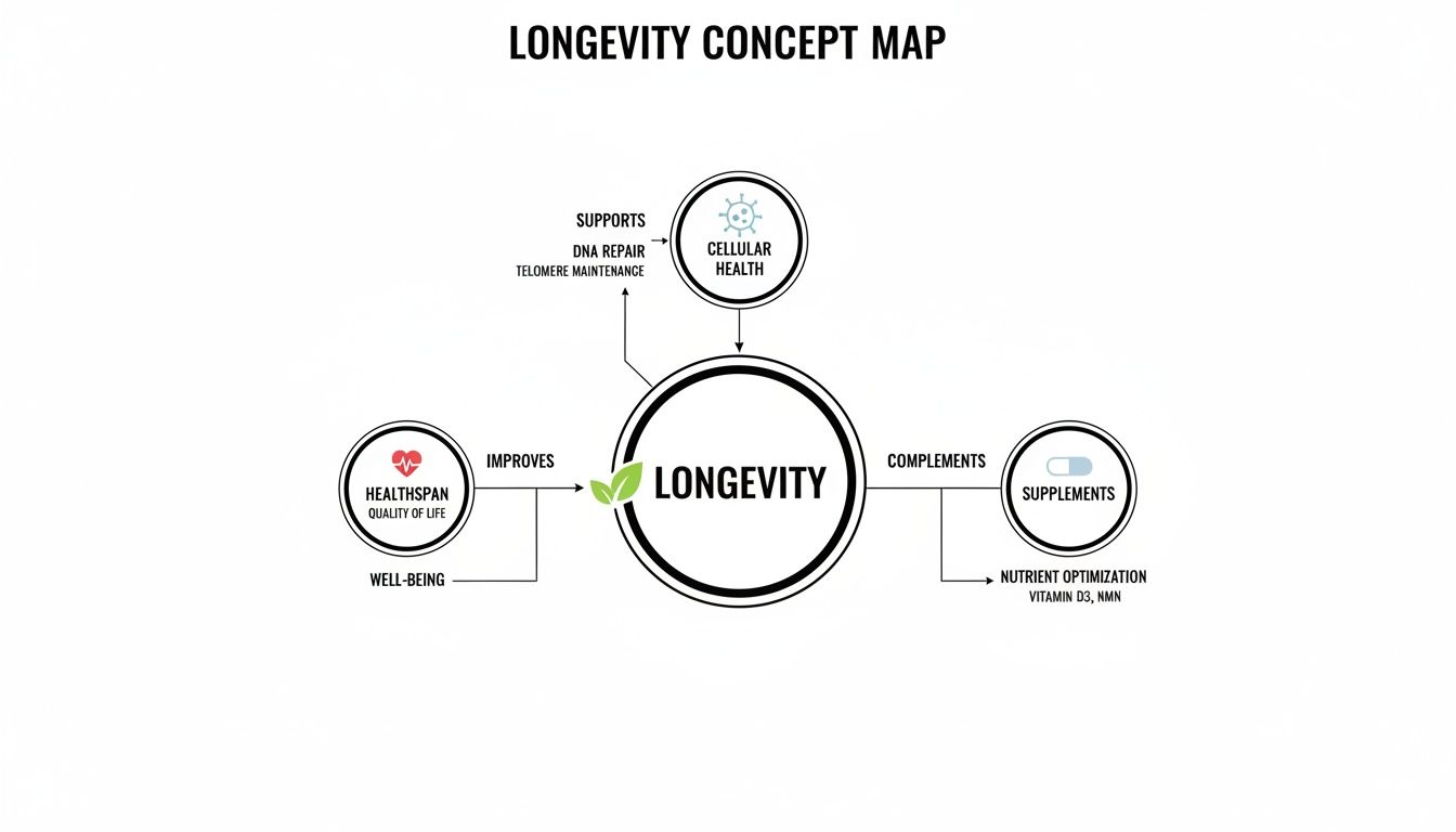 Concept map illustrating longevity's connection to healthspan, cellular health, and nutritional supplements like D3 and NMN.