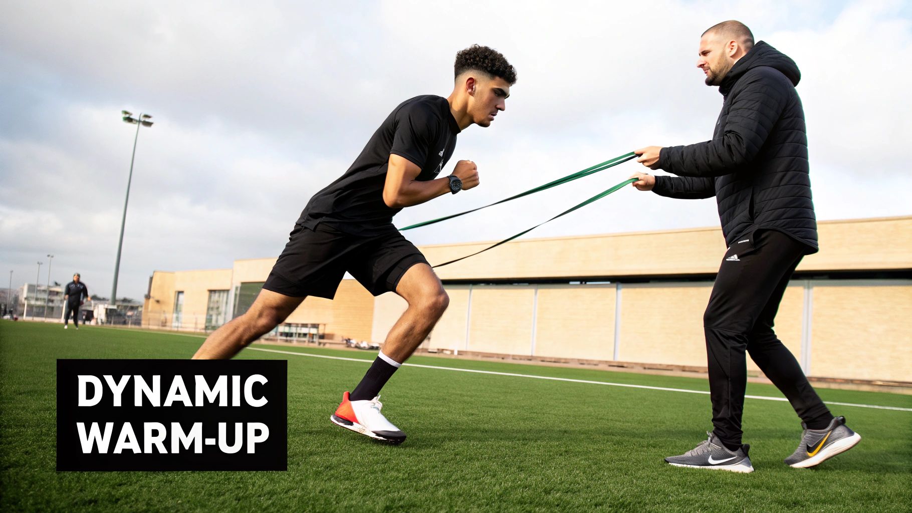 A female football player stretches her leg on the pitch, holding onto a goalpost for balance, preparing for a match.