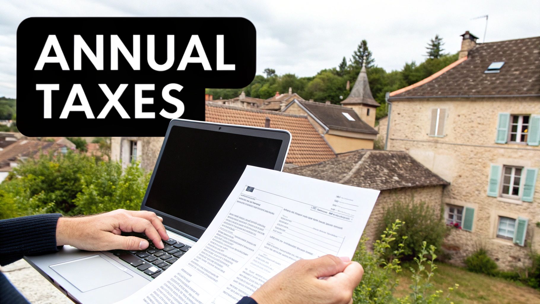 Person working on a laptop and holding tax documents with a scenic European village backdrop.