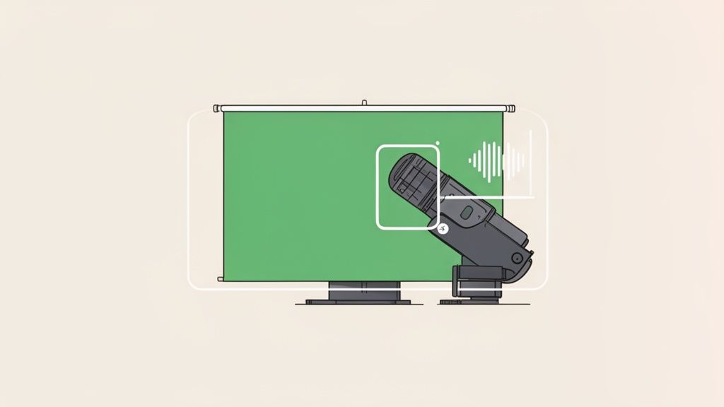 An illustration of a green screen monitor with a microphone capturing sound waves, ideal for content creation.
