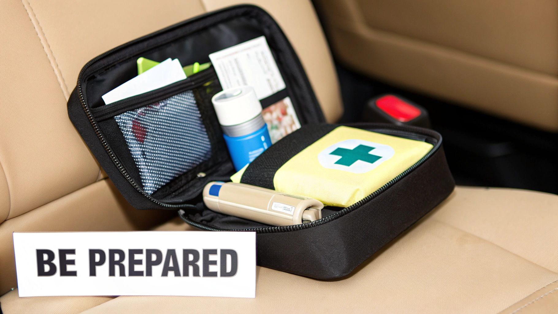 An open black first aid kit with supplies sits on a beige car seat, next to a 'BE PREPARED' sign.