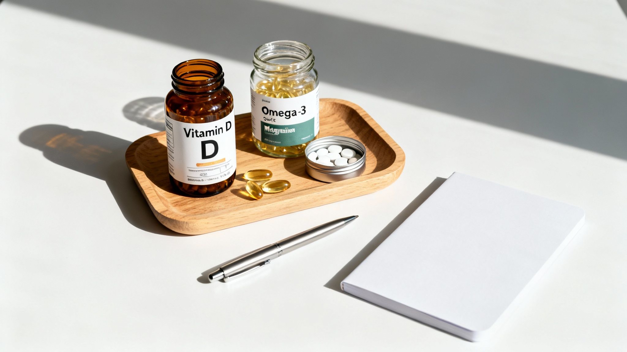 Vitamin D and Omega-3 supplements on a wooden tray, with a pen and notebook, on a white table.
