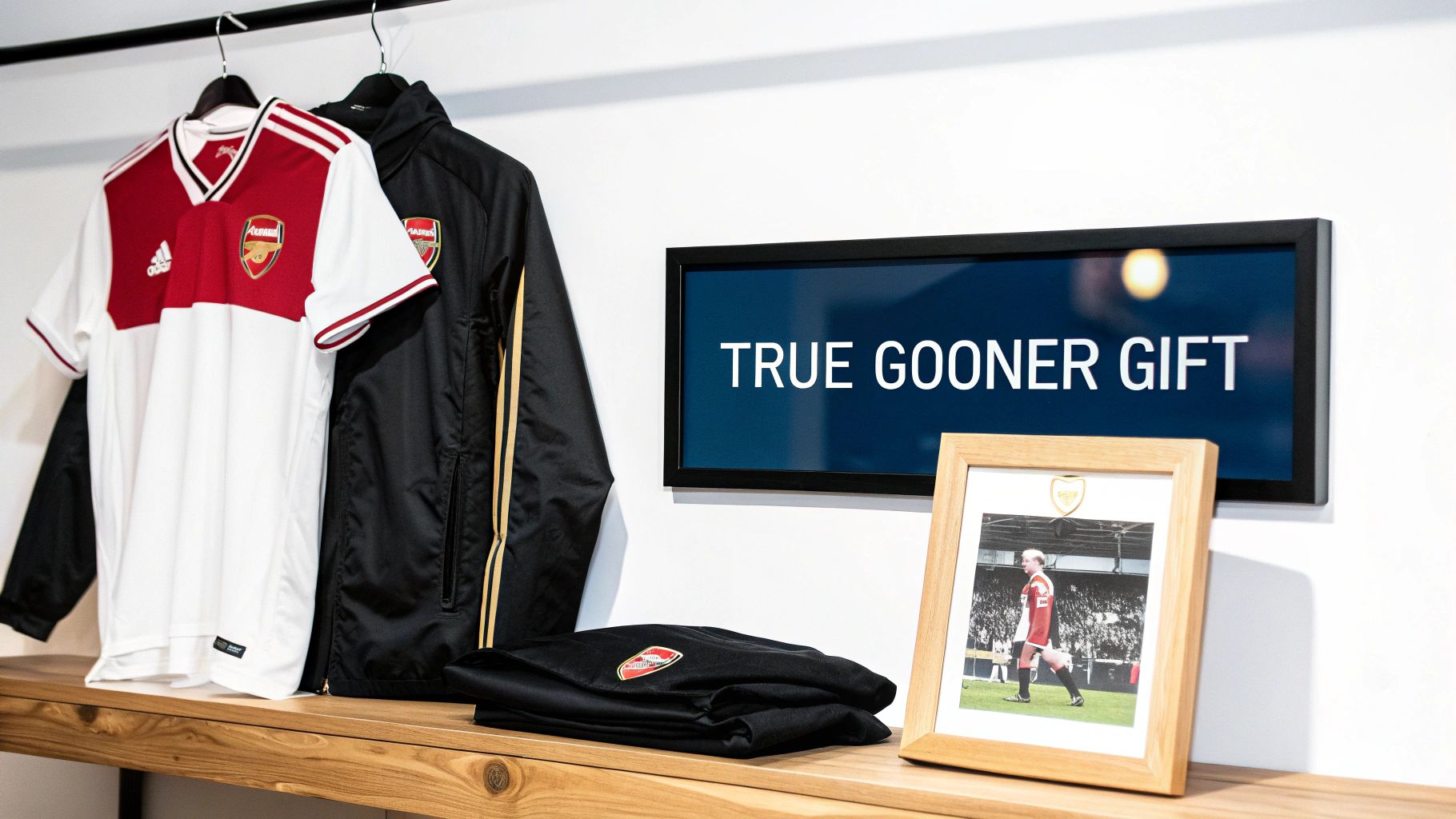 Arsenal FC fan merchandise, including jerseys, jacket, and a framed player photo, displayed as a 'True Gooner Gift'.