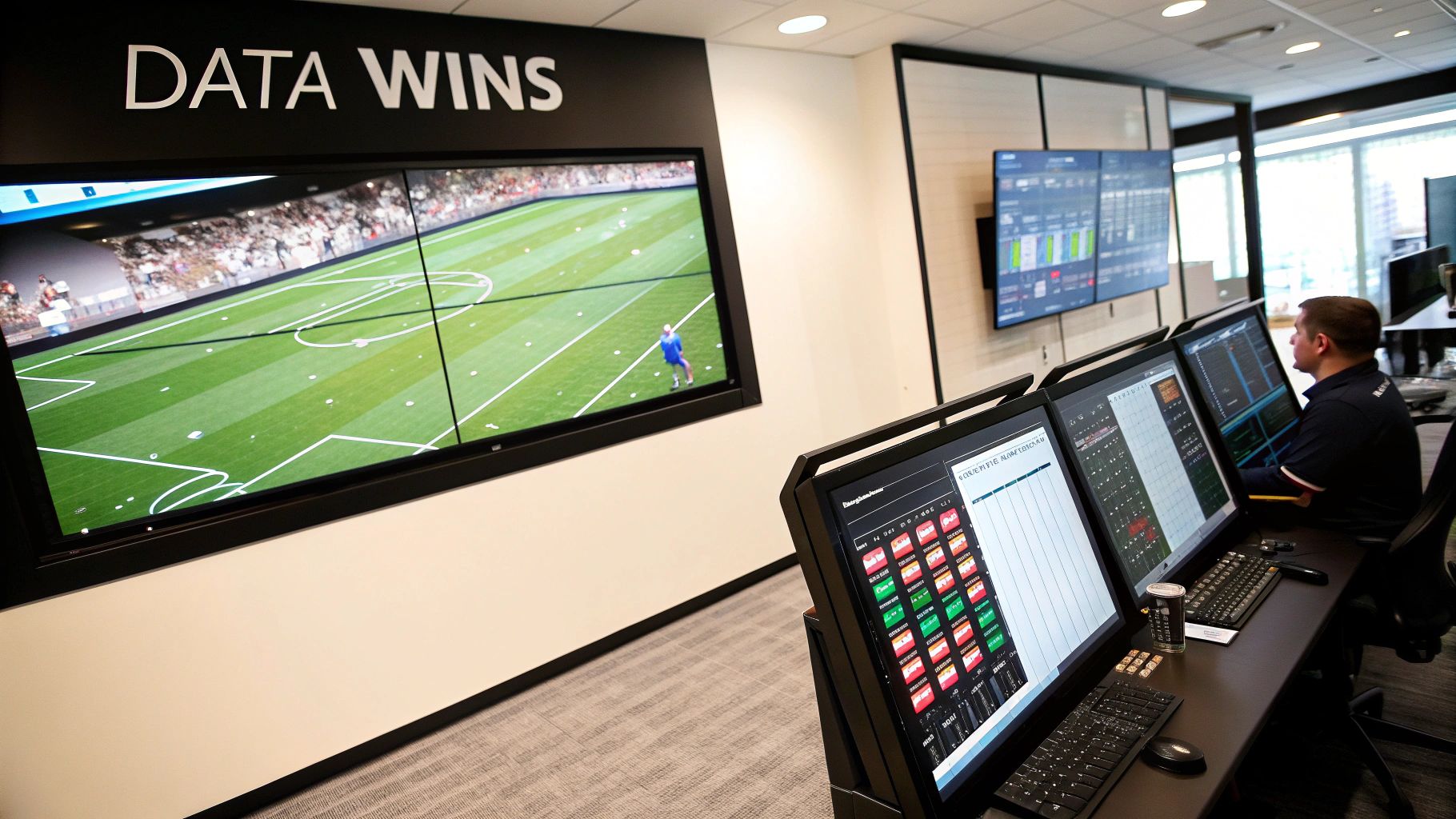 A Premier League football match with data overlays showing player stats