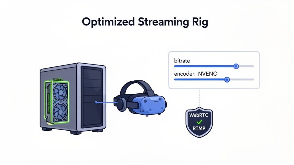 Optimized streaming rig diagram showing a PC with a GPU, VR headset, and streaming settings like bitrate and NVENC encoder for RTMP/WebRTC.