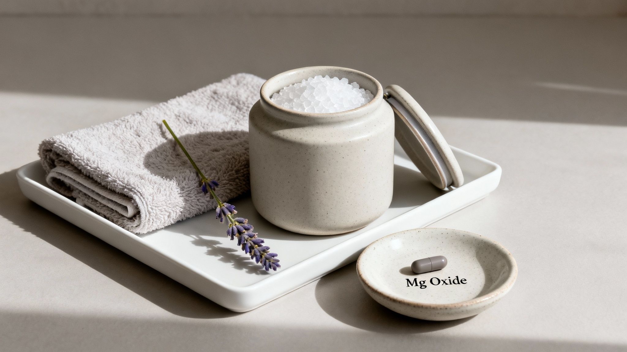 Mg Oxide capsule on a small dish with bath salts, a lavender sprig, and a towel on a white tray.