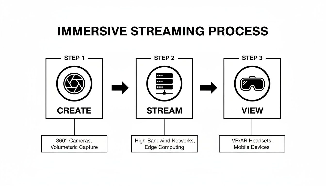 Diagram illustrating the immersive streaming process with steps: Create, Stream, and View using VR/AR technology.