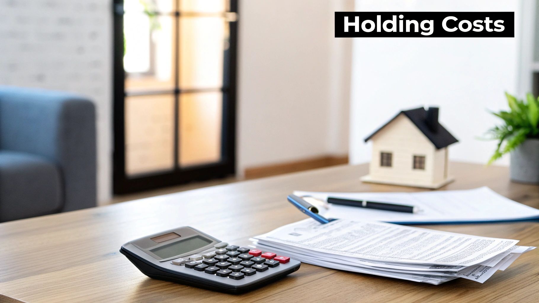 A calculator, papers, and a model house on a desk, representing property holding costs.