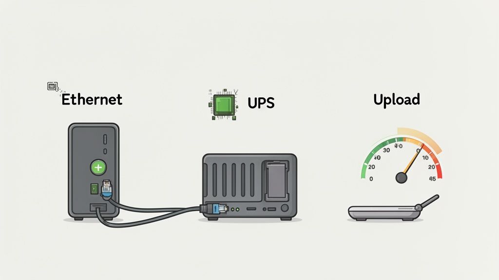 An illustration showing Ethernet connectivity between devices, a UPS, and an internet upload speed meter.