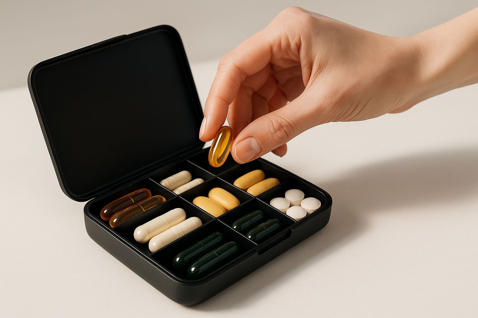 A woman carefully reading the label on a supplement bottle.
