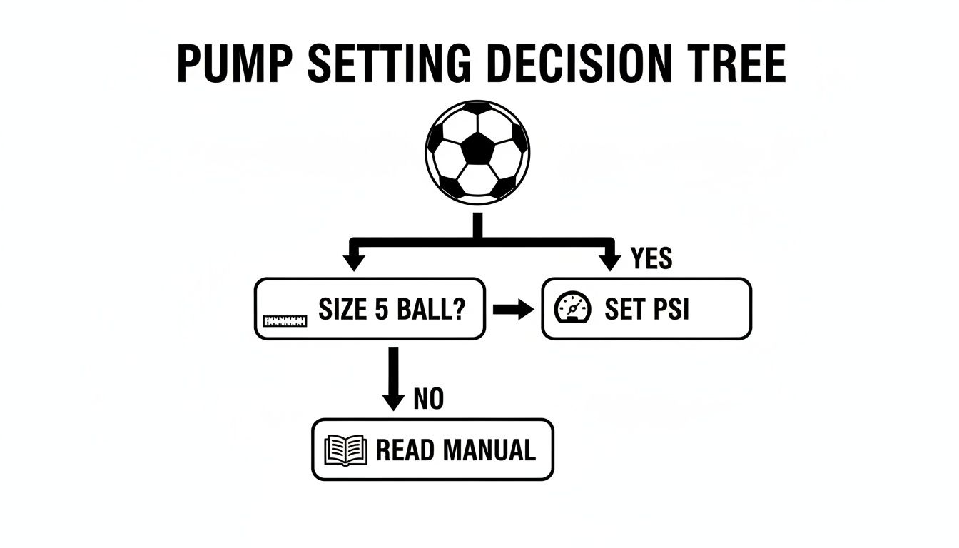 Decision tree flowchart showing how to set pump PSI for a football based on ball size.