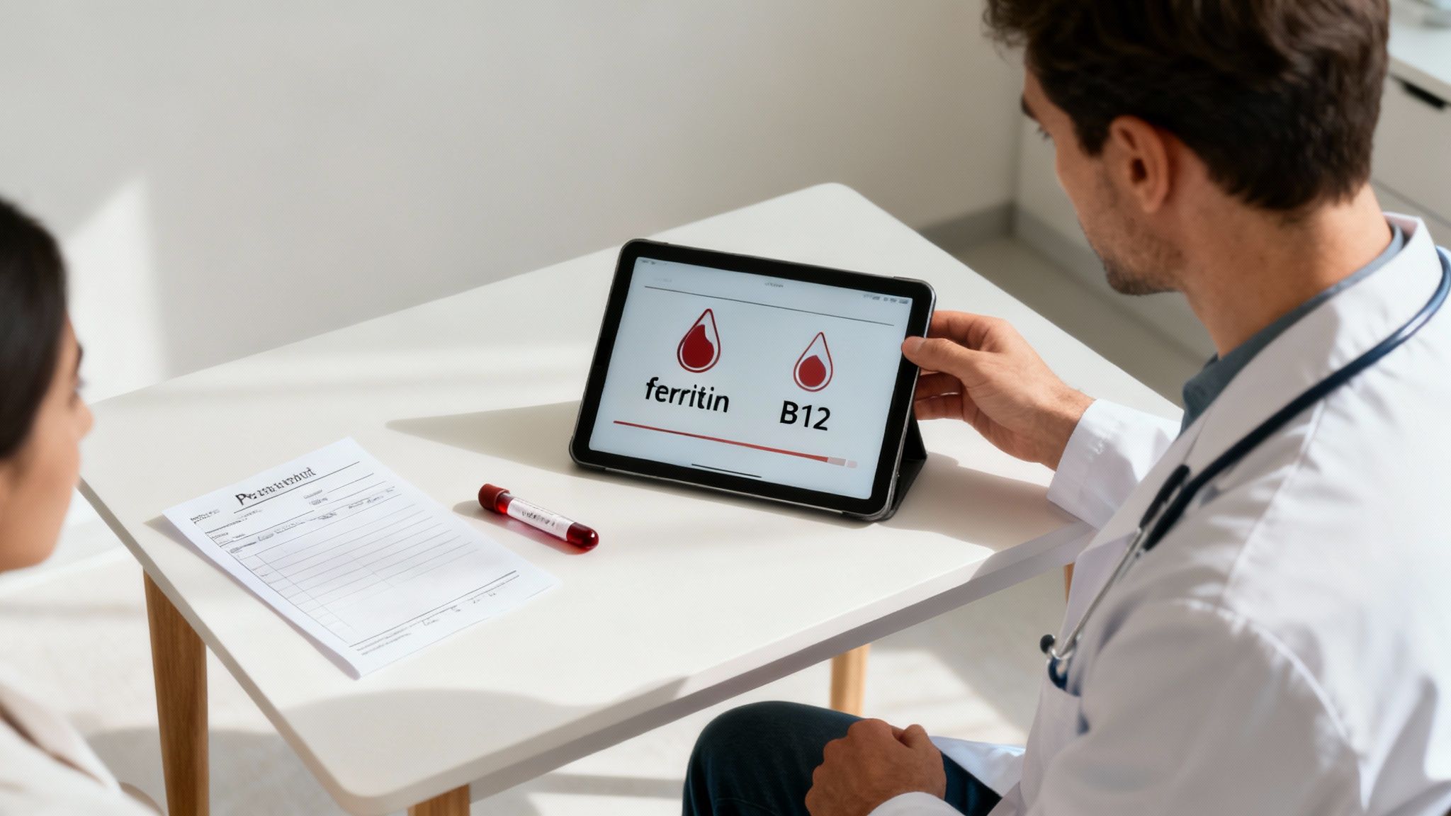 Doctor showing patient tablet displaying ferritin and B12 blood test results during medical consultation