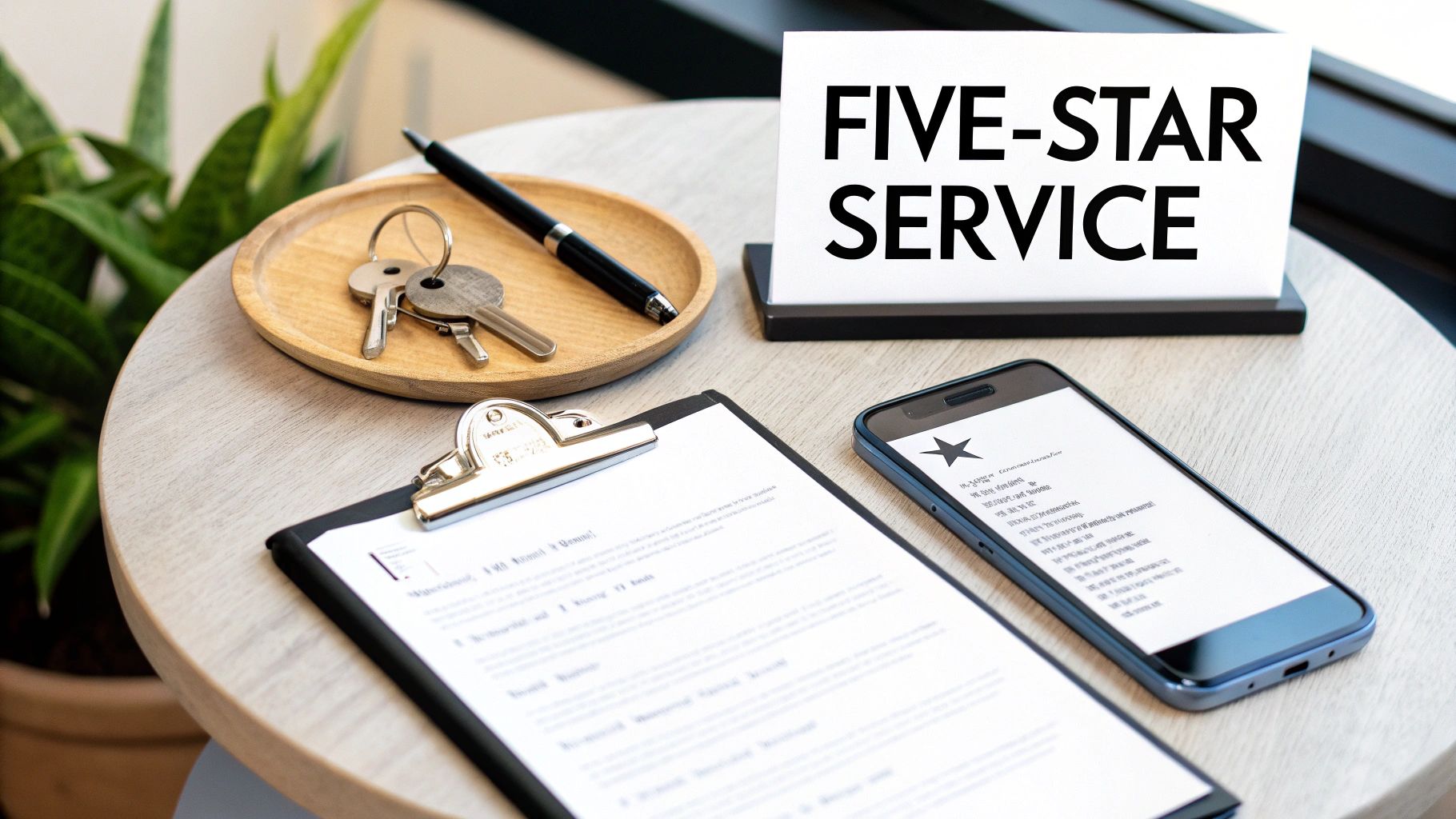 Keys, pen, 'FIVE-STAR SERVICE' sign, a clipboard, and a smartphone on a wooden table.