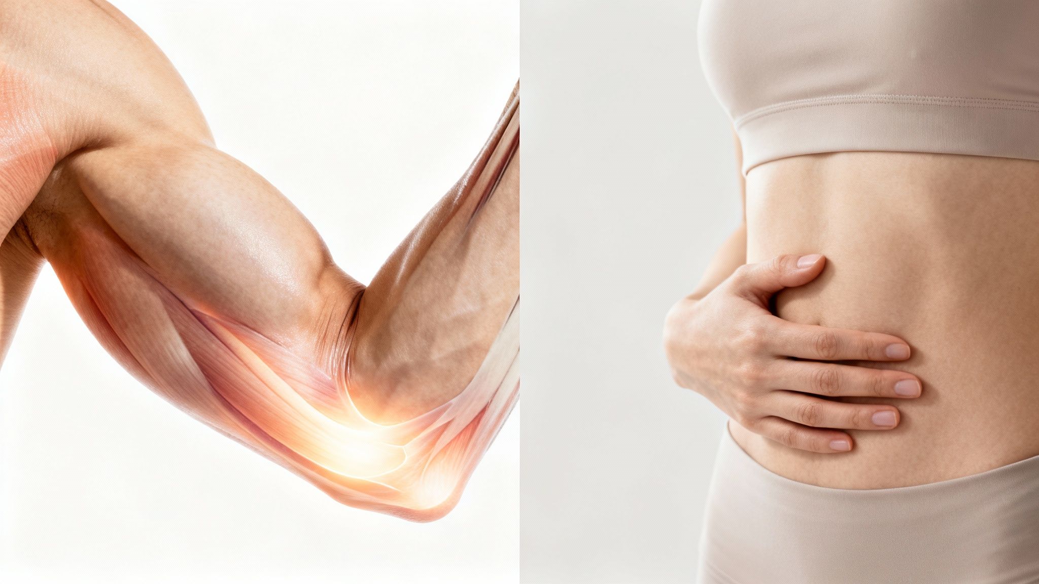Image depicting an arm with visible muscles and glowing elbow, alongside a person holding their stomach.