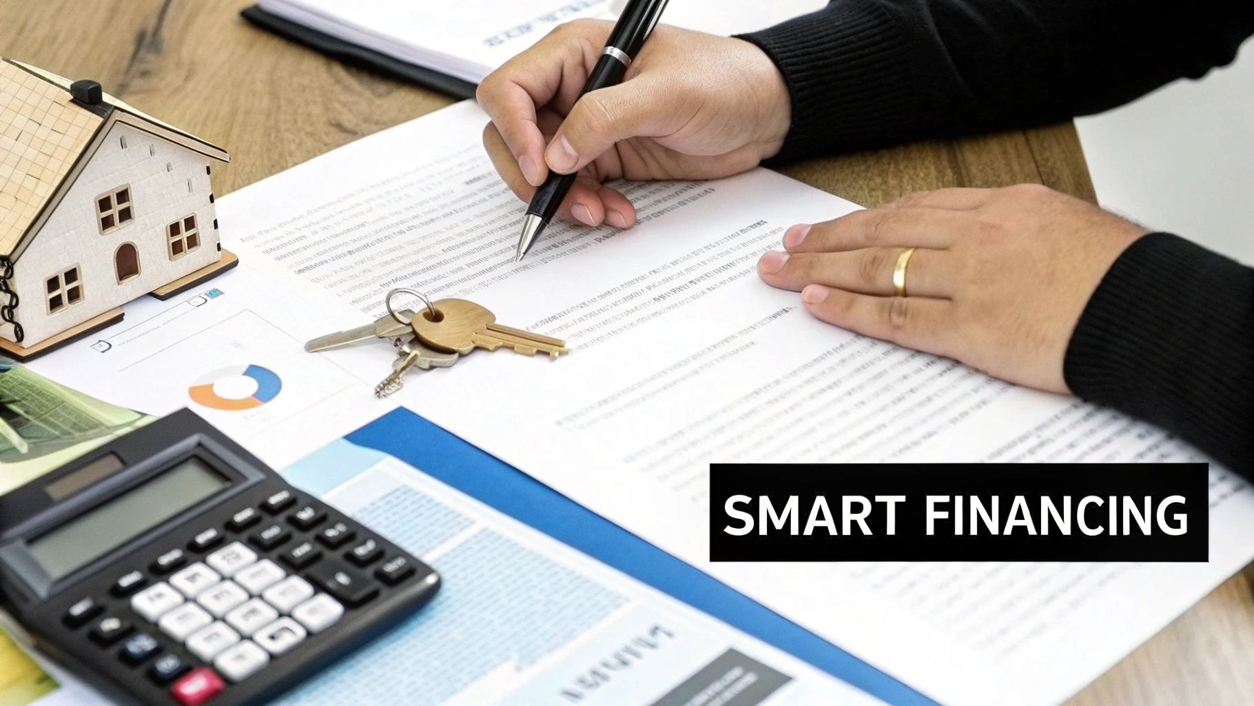 Hands signing a document, with a model house, keys, and calculator for smart home financing.