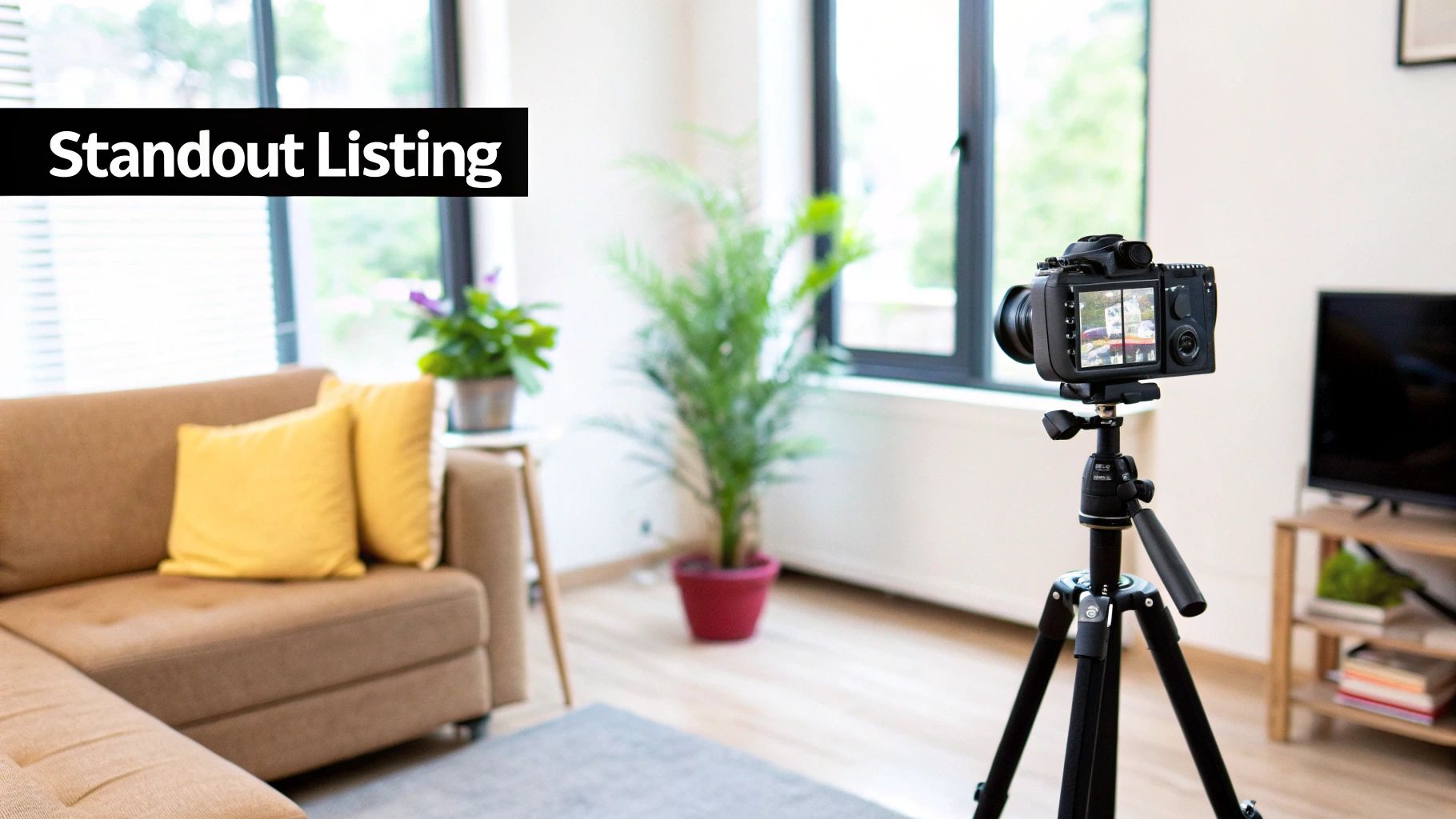 A professional camera on a tripod capturing a bright modern living room, ideal for a standout listing.