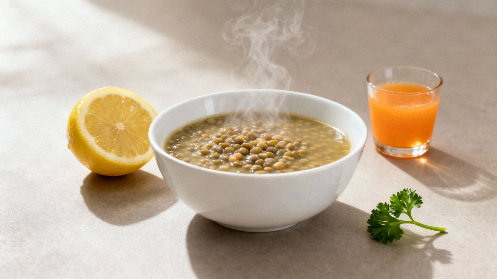 A steaming bowl of lentil soup with a lemon half, a glass of orange juice, and fresh parsley.