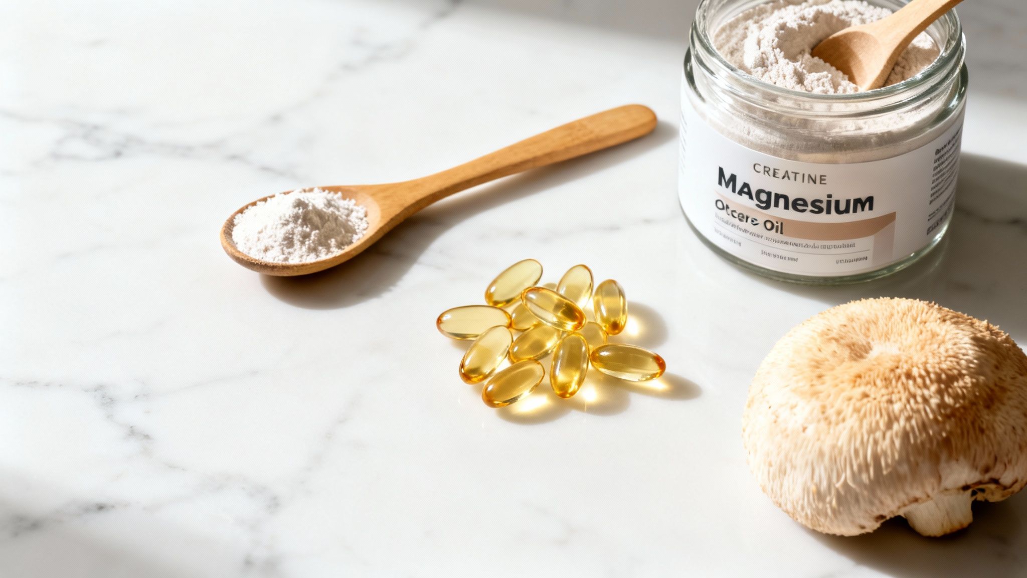 A variety of brain health supplements, including magnesium powder, creatine, fish oil capsules, and a mushroom on marble.