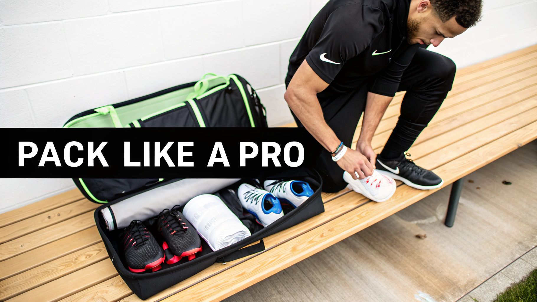 An athlete ties their shoe on a bench next to an open sports bag packed with football boots and gear.
