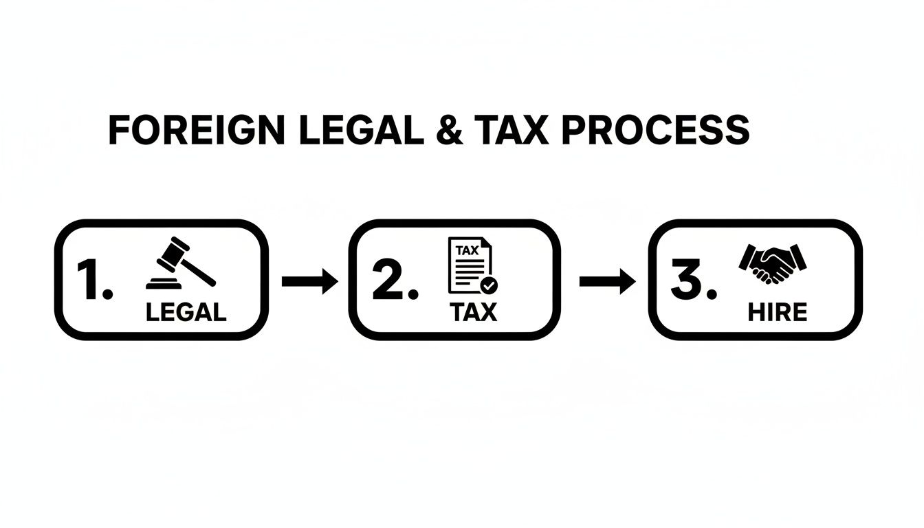 A three-step infographic outlining the foreign legal and tax process: 1. Legal (with a gavel icon), 2. Tax (with a tax document icon), and 3. Hire (with a handshake icon).