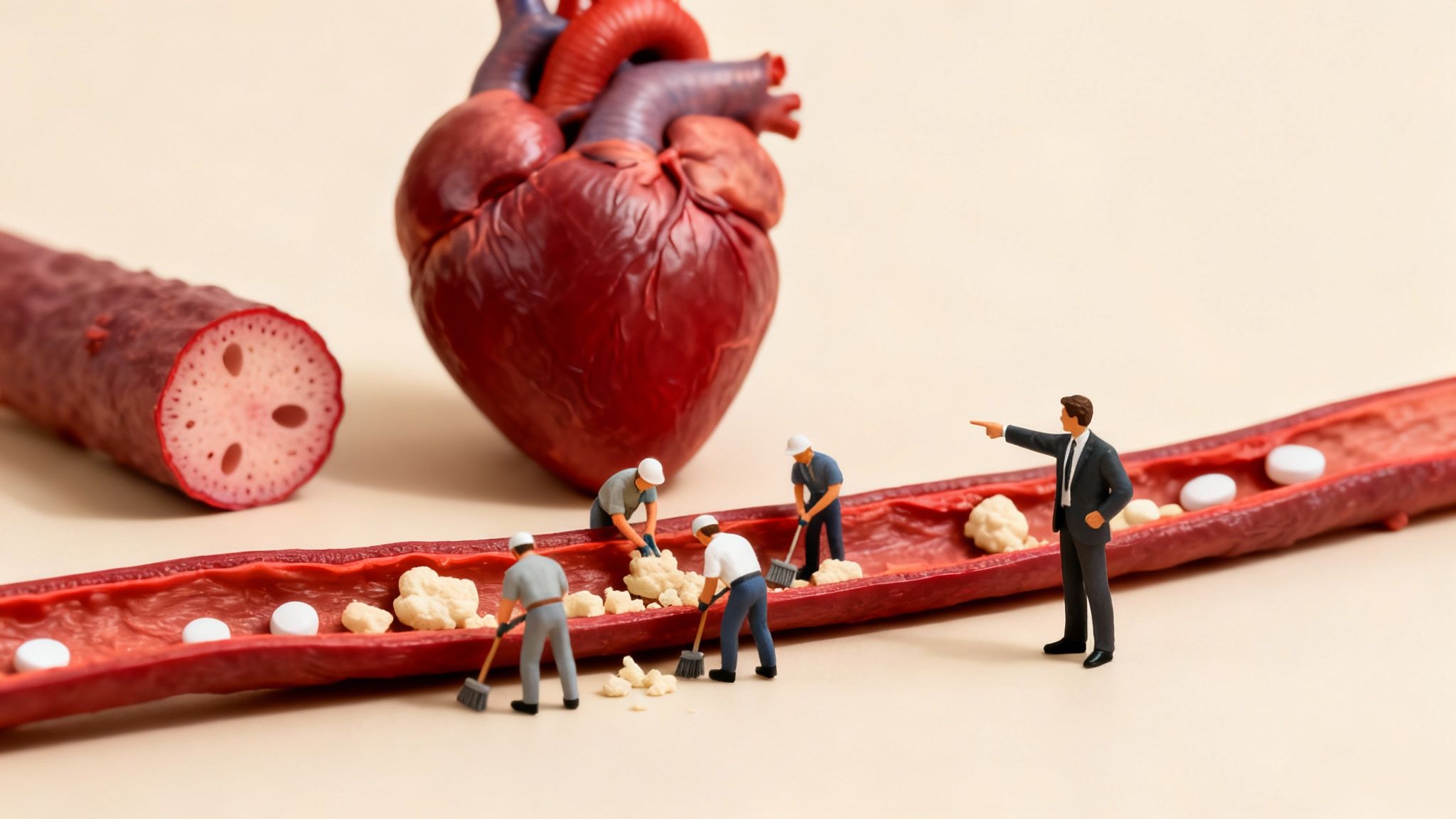 Miniature workers clean plaque from a clogged artery next to a human heart model.